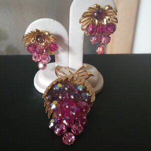 Vintage Park Lane Pink Dangling Crystals Grape Cluster Brooch & Earring Set